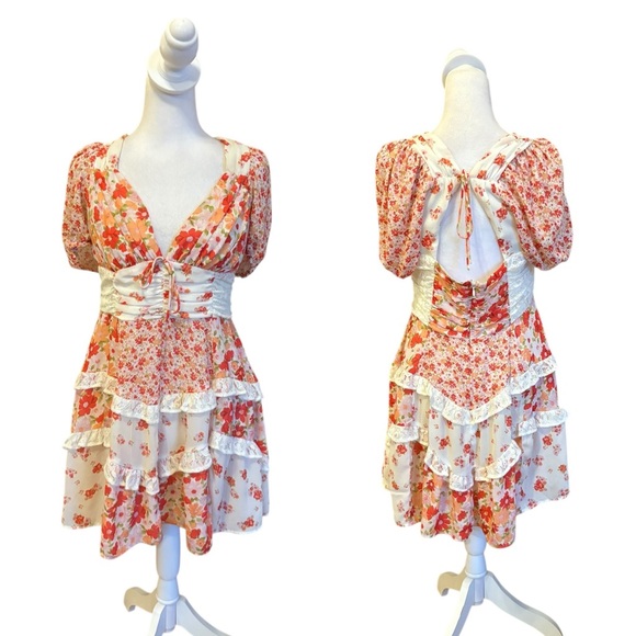 Altar’d State Aderny Patchwork Floral Mini Dress Tiered Short Sleeve Womens XL - Picture 2 of 14